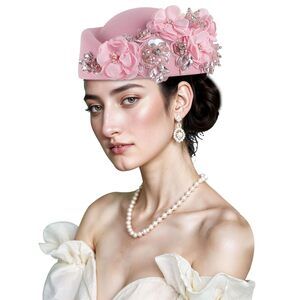 3214 British Retro Felt Hat Women Rhinestone Floral Church Derby Hat Classic